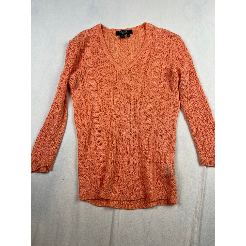 Lauren Ralph Lauren Petite Orange 100% Linen Cable Knit V-Neck Sweater PS